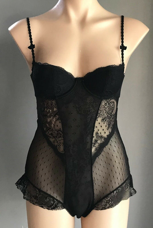 KAYSER Bodysuit Black Stretch Mesh Net Lace Balconette Bra U/Wire Ruffle Leg 10B