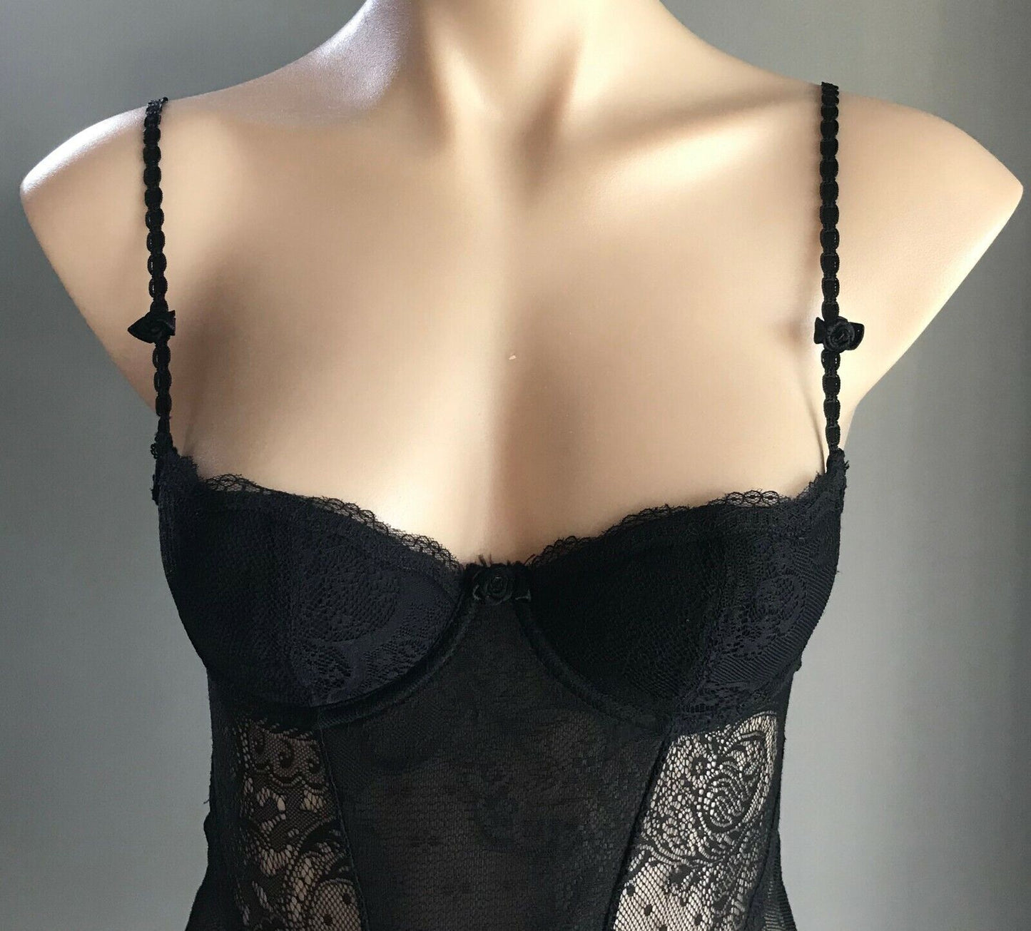 KAYSER Bodysuit Black Stretch Mesh Net Lace Balconette Bra U/Wire Ruffle Leg 10B
