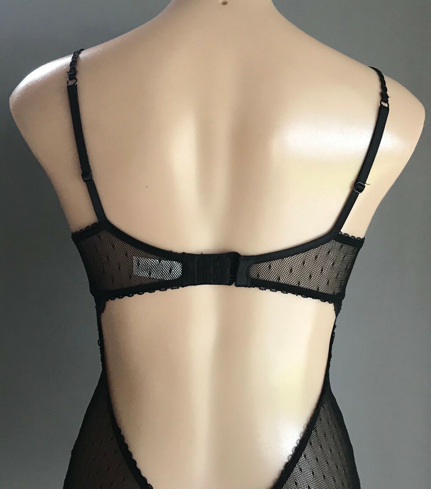 KAYSER Bodysuit Black Stretch Mesh Net Lace Balconette Bra U/Wire Ruffle Leg 10B