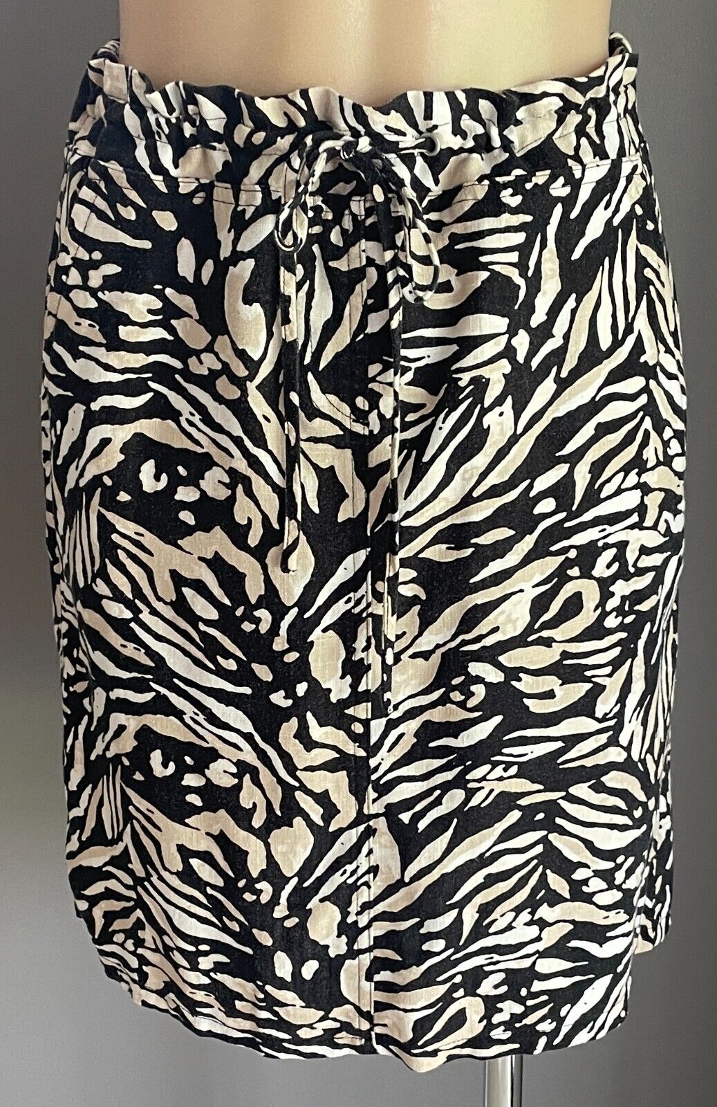 SUZANNE GRAE LINEN Black White Beige Straight Skirt Size XS 10 1Elastic Waist