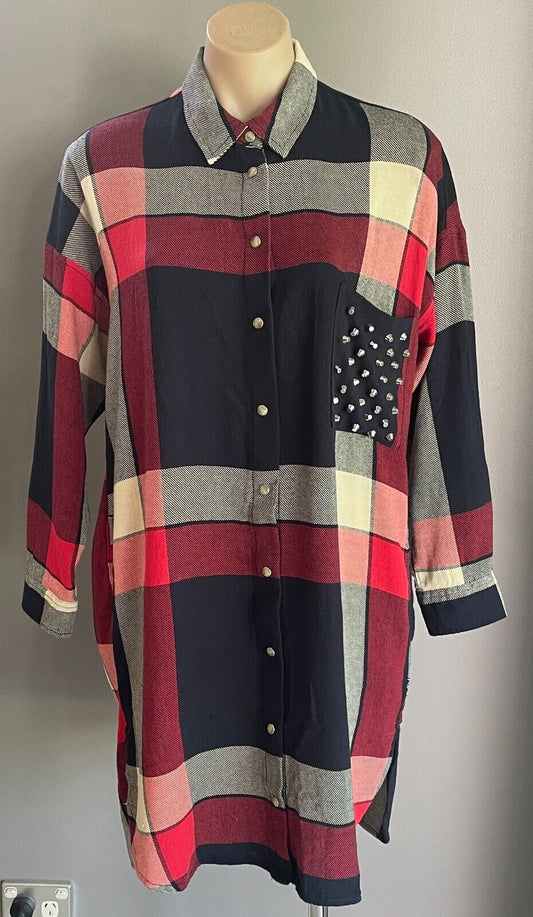 ZARA Plaid Shirt Dress Oversized Shacket Stud Chest Pocket Size EU M 12 NEW