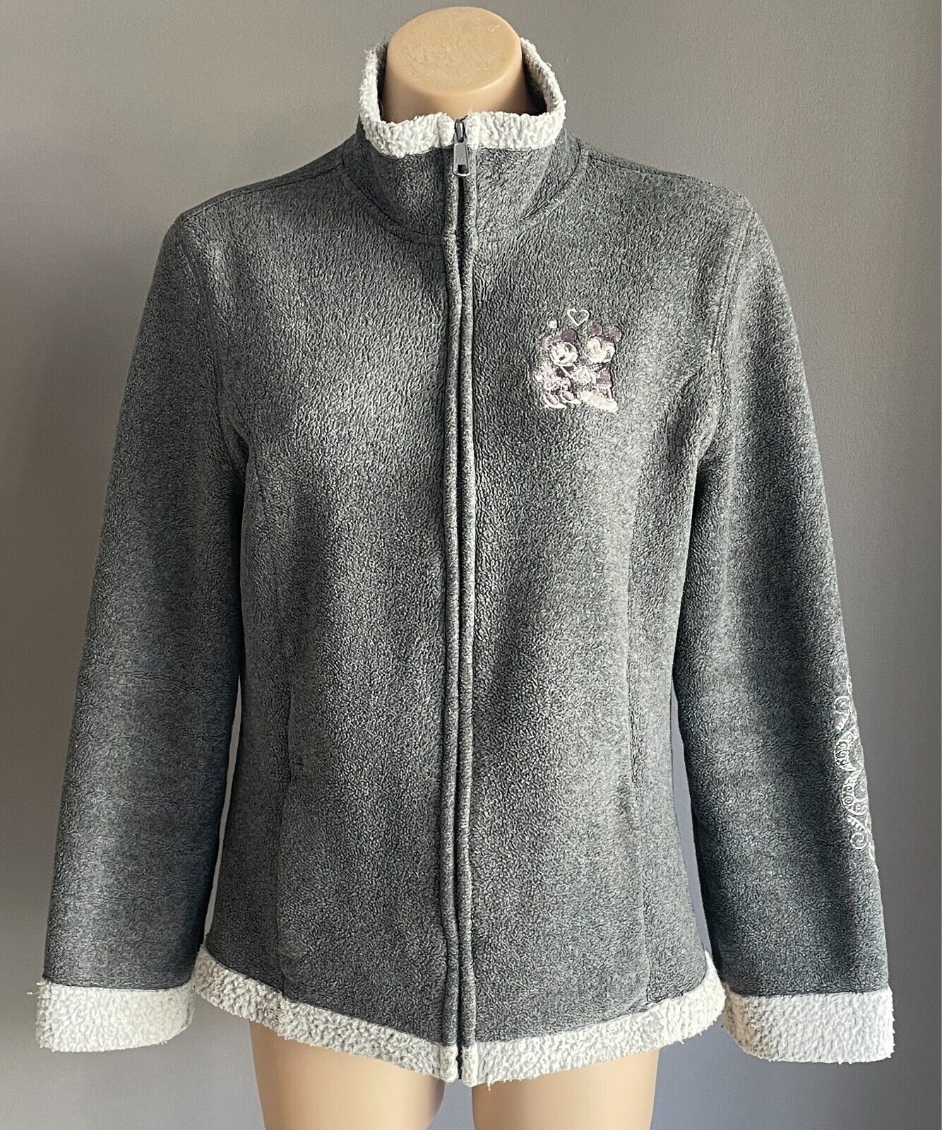 DISNEYLAND Jacket Full Zip Grey Polar Fleece Sherpa Lined Size M 12 Long Sleeve