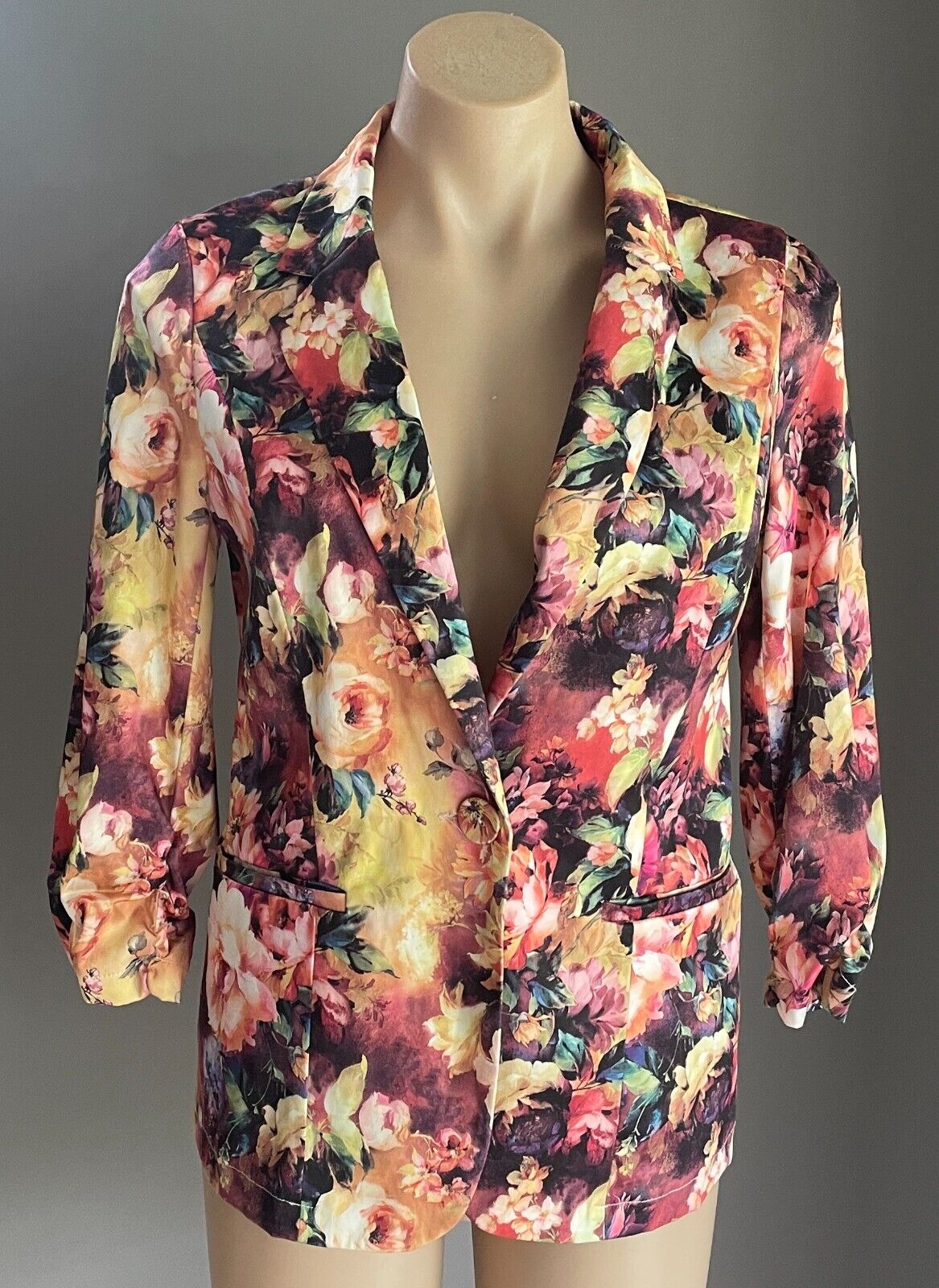 VALLEYGIRL Jacket Bright Multicolour Floral Blazer 3/4 Ruched Sleeves Sz 10 NEW