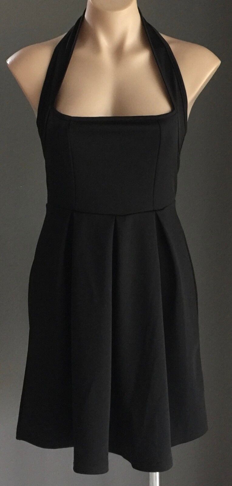 1990's Halter Neck Skater Dress Size S 10 Black Stretch Pleated Gorgeous