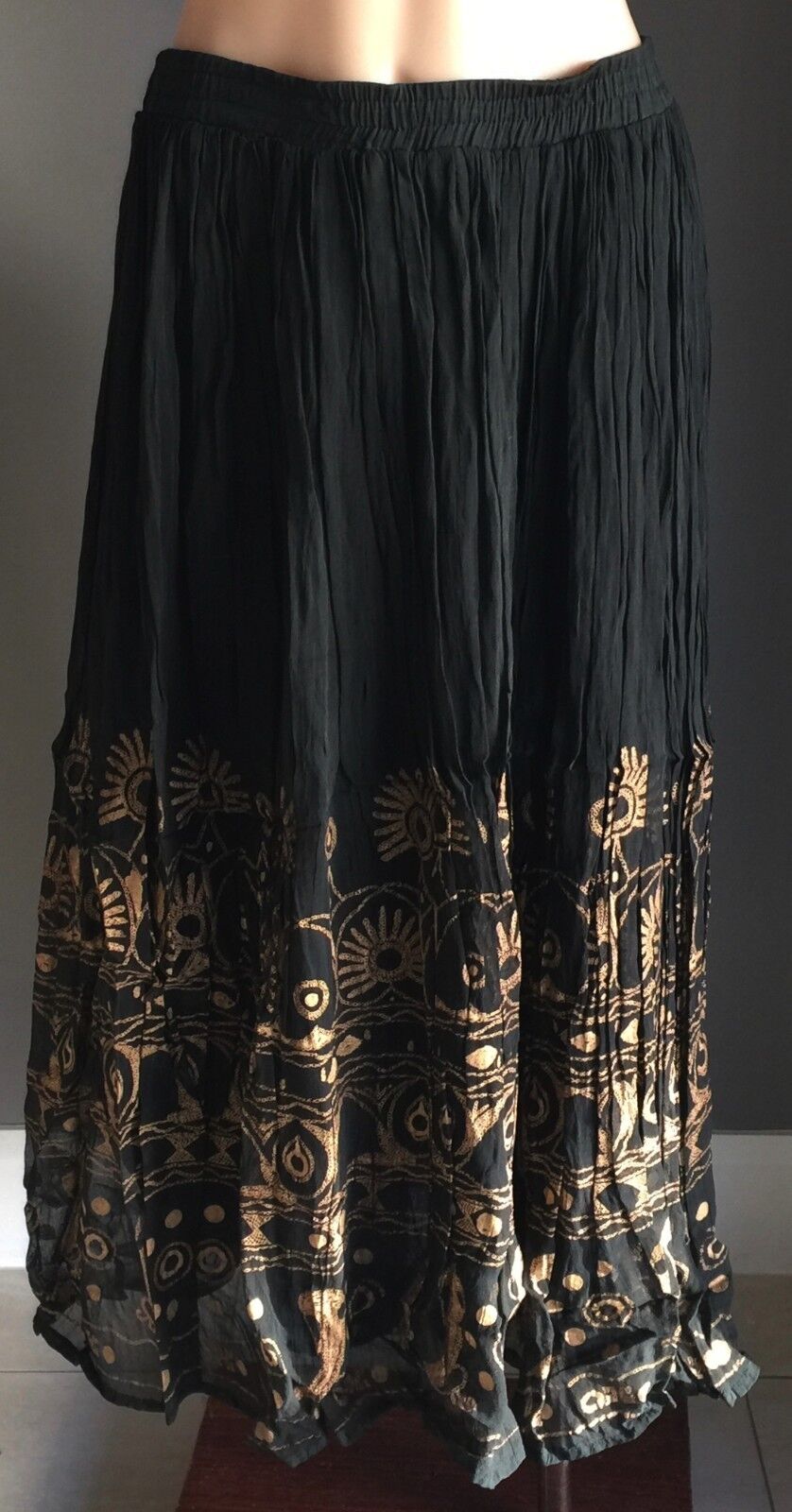 RUBI PESINI Maxi Skirt Black & Tan Print Pleat Peasant Boho Hippie Size 10 NEW