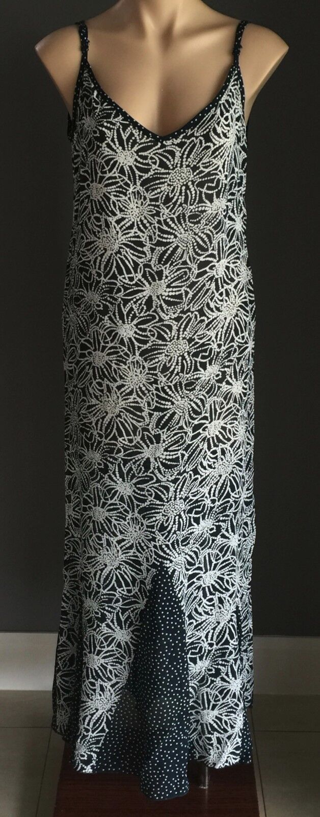 QUEENSPARK Maxi Dress Sheer Blue White Polka Dot Floral Sz 12 14 Beach Party NEW
