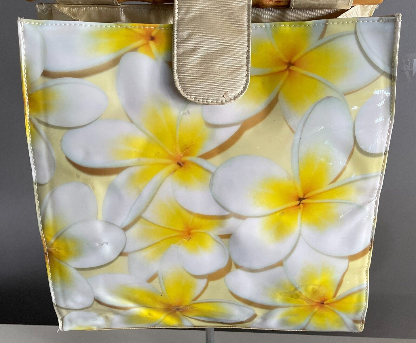 SUJA DESIGN Tote Bag Frangipani Print PVC w Cane Handle Rectangle Shape Unique