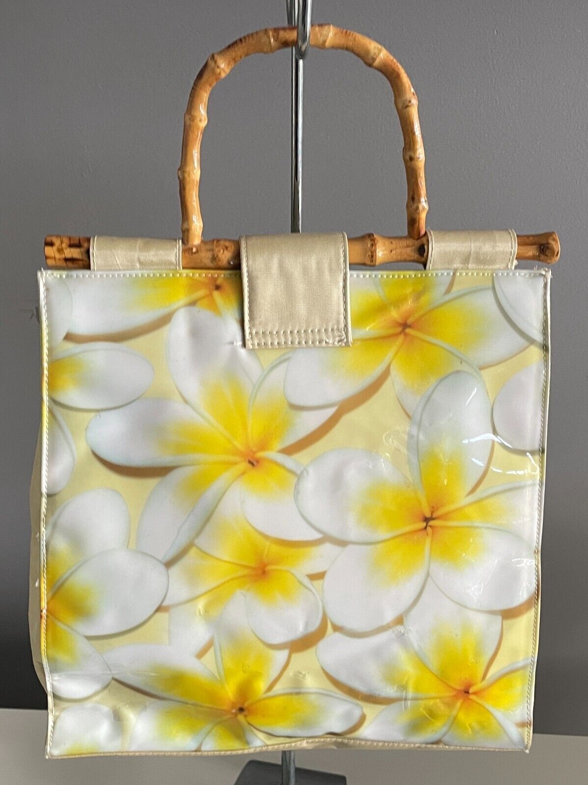 SUJA DESIGN Tote Bag Frangipani Print PVC w Cane Handle Rectangle Shape Unique