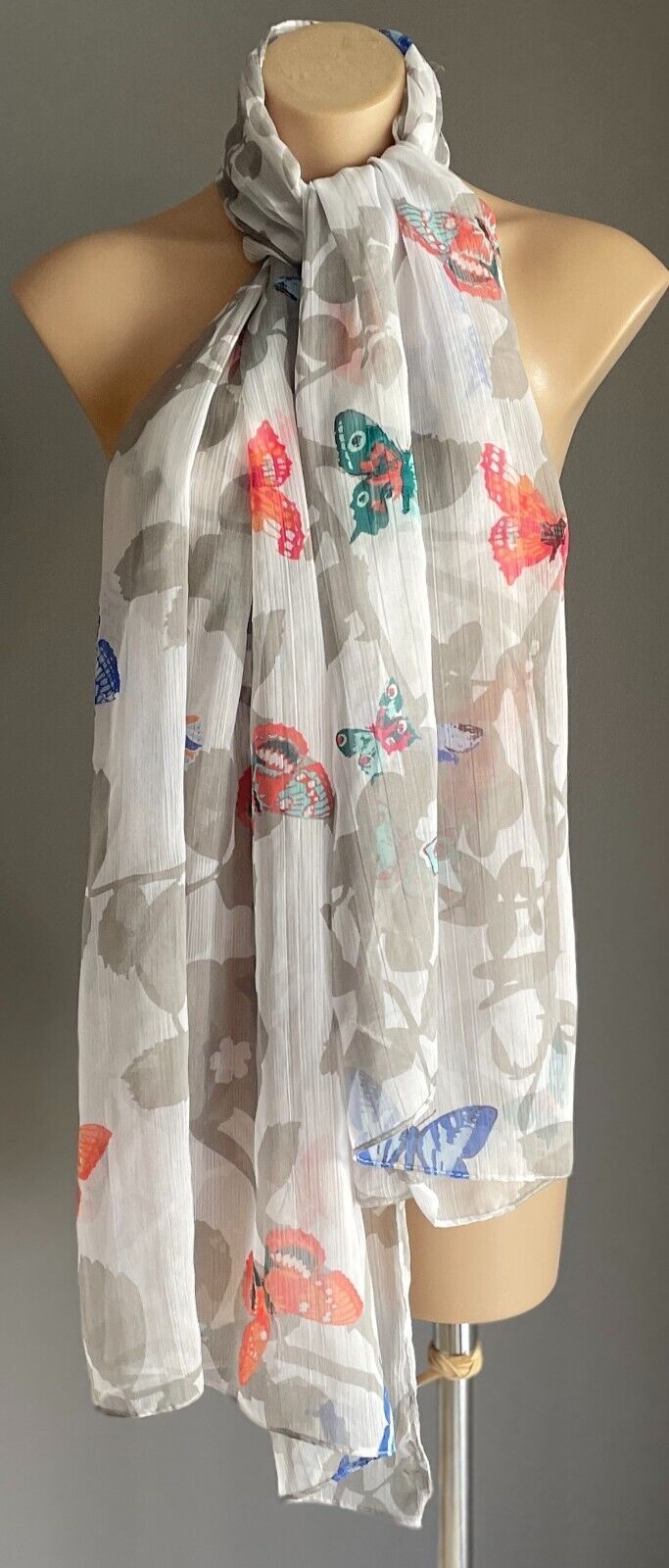 Neck SCARF BUTTERFLY Floral Rectangle Semi Sheer Multicolour Shawl NEW w Defect