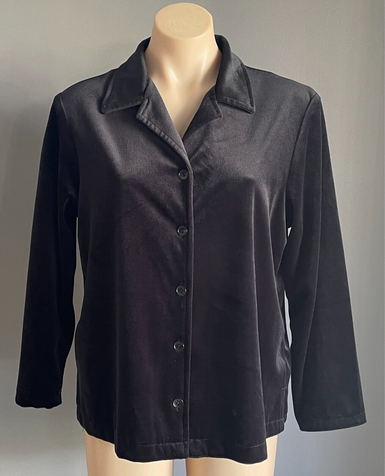 Black Thick Stretch Velour Shirt Size 16 Collar Button Front Long Sleeves Retro