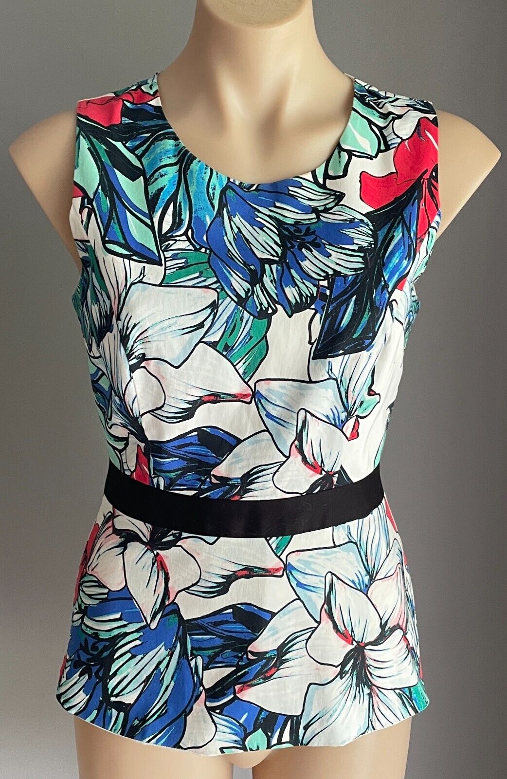 PORTMANS Top Multicoloured Floral Sleeveless Blouse Peplum Waist Lined Sz 8 10