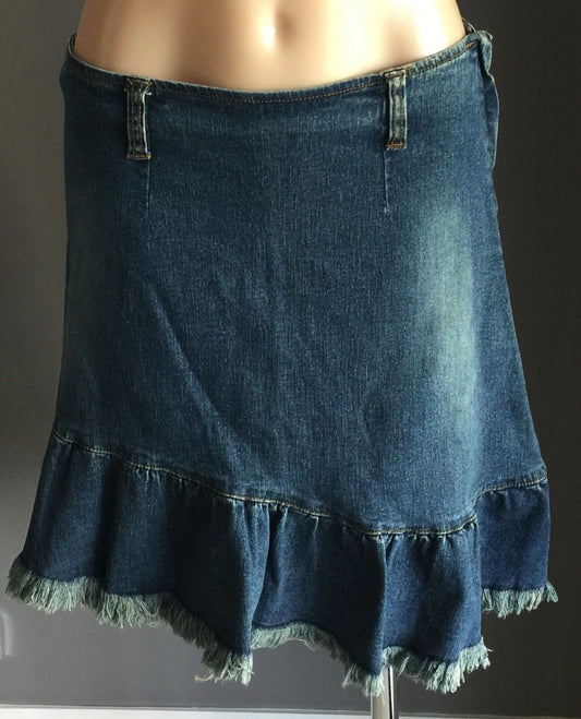 LONSDALE Denim Skirt Blue Jeans Asymmetrical Frayed Frill Hem Skirt Ladies Sz 12
