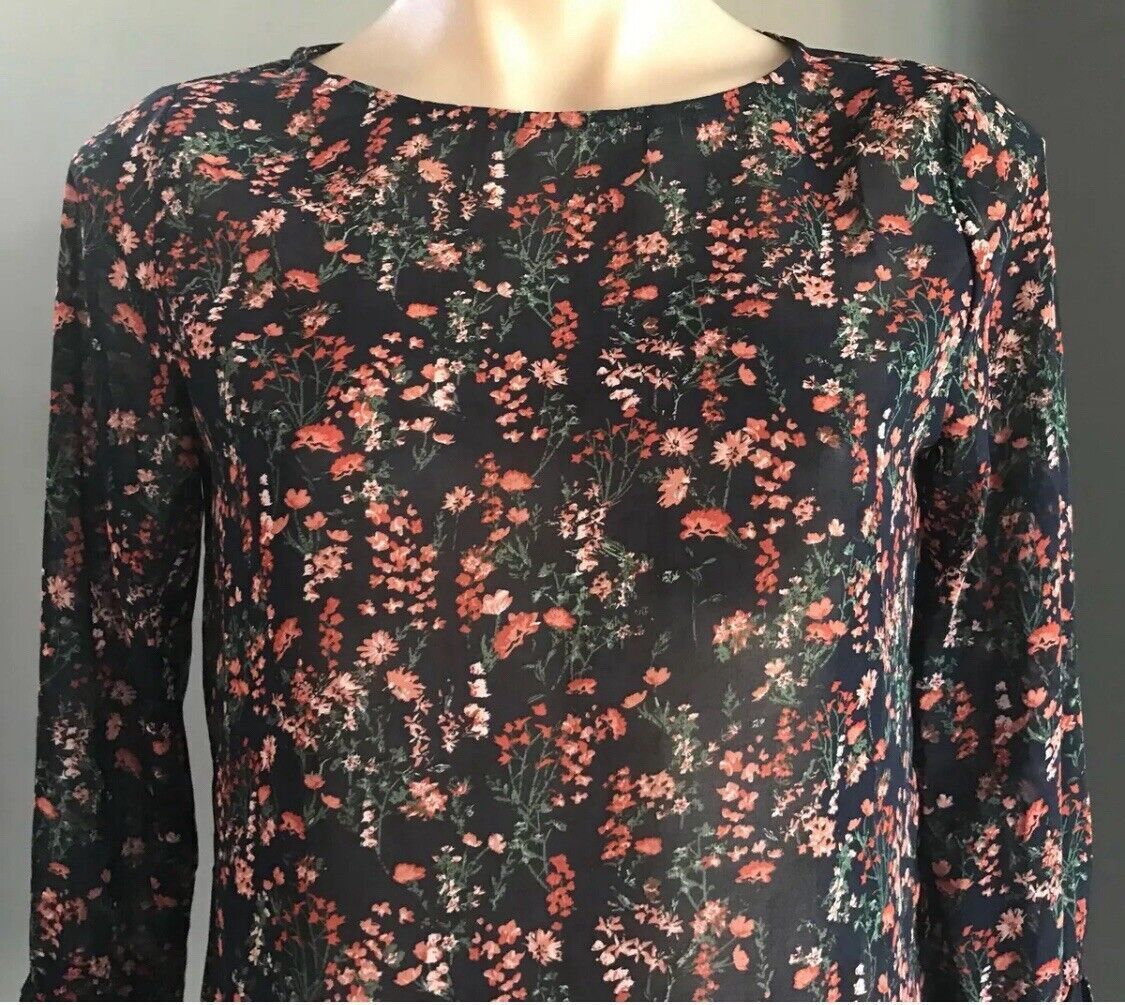 FORCAST Blouse Navy Blue Floral Print Semi Sheer Long Bell Sleeve Top Sz 10 NEW