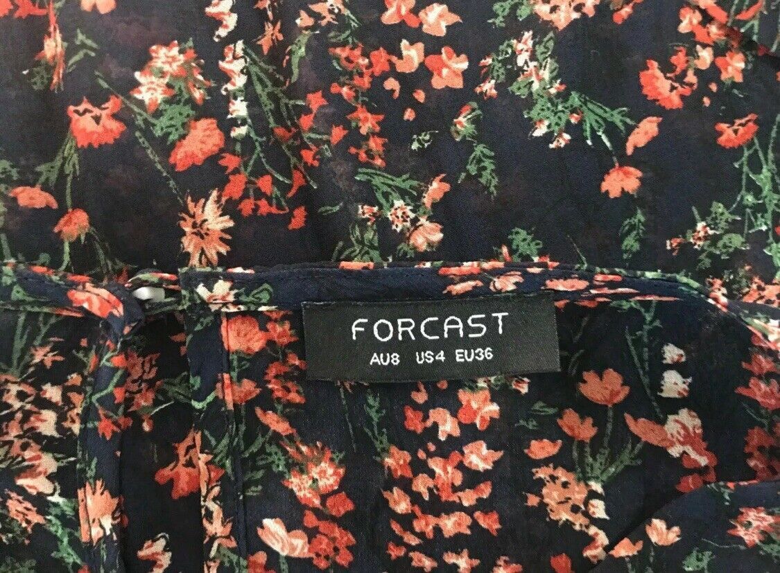 FORCAST Blouse Navy Blue Floral Print Semi Sheer Long Bell Sleeve Top Sz 10 NEW