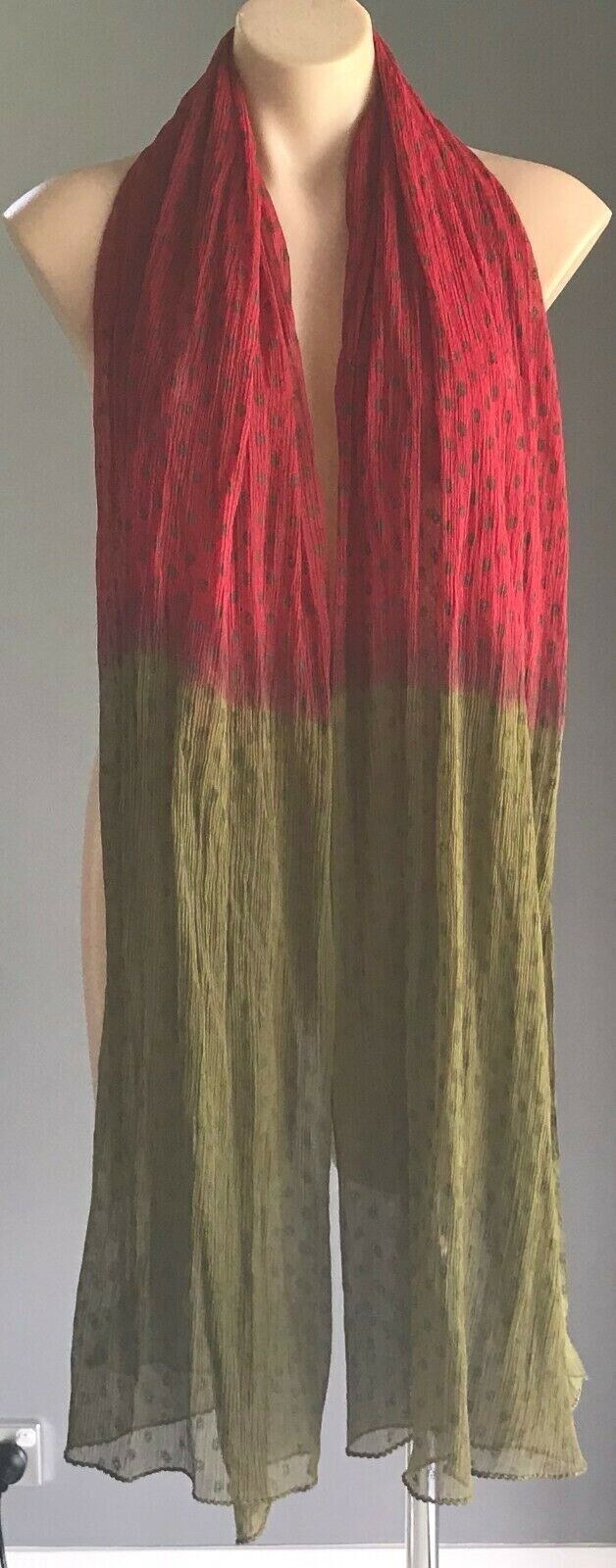 SCARF Crinkle Pleated Rectangle Neck Wrap Maroon & Khaki Circle Print NEW