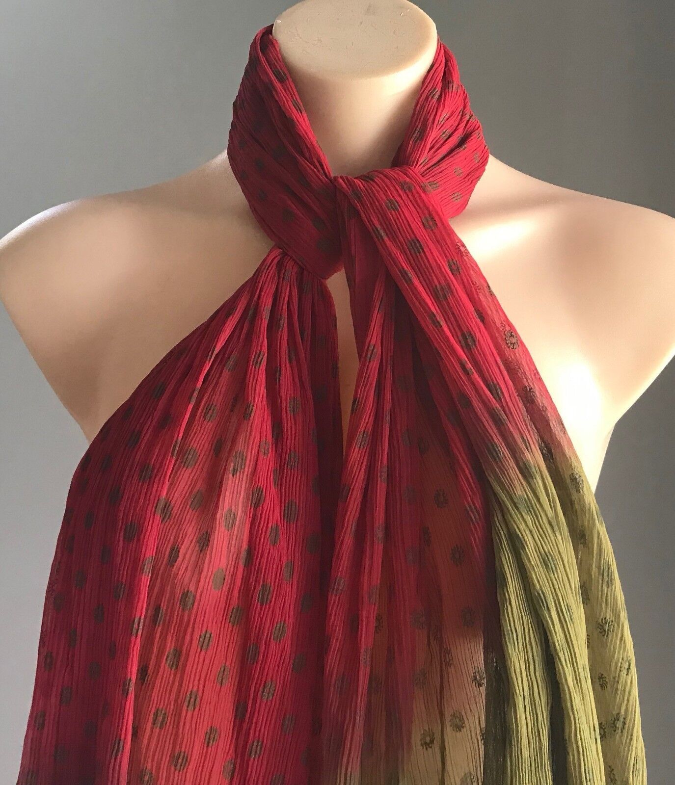 SCARF Crinkle Pleated Rectangle Neck Wrap Maroon & Khaki Circle Print NEW