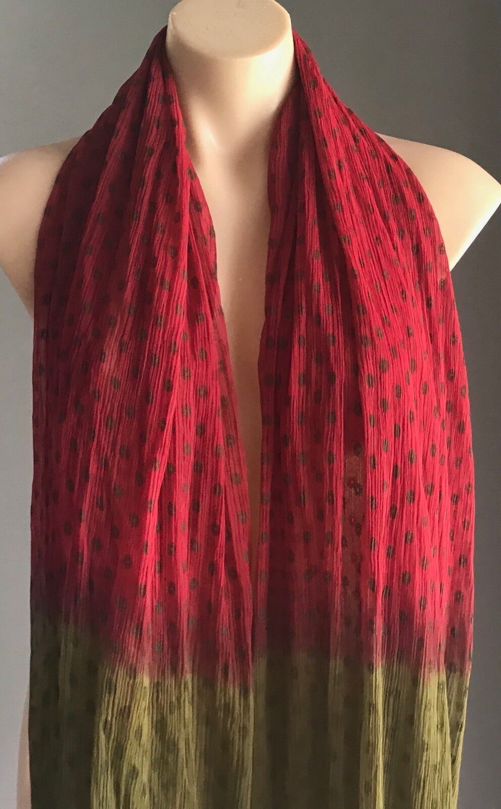 SCARF Crinkle Pleated Rectangle Neck Wrap Maroon & Khaki Circle Print NEW