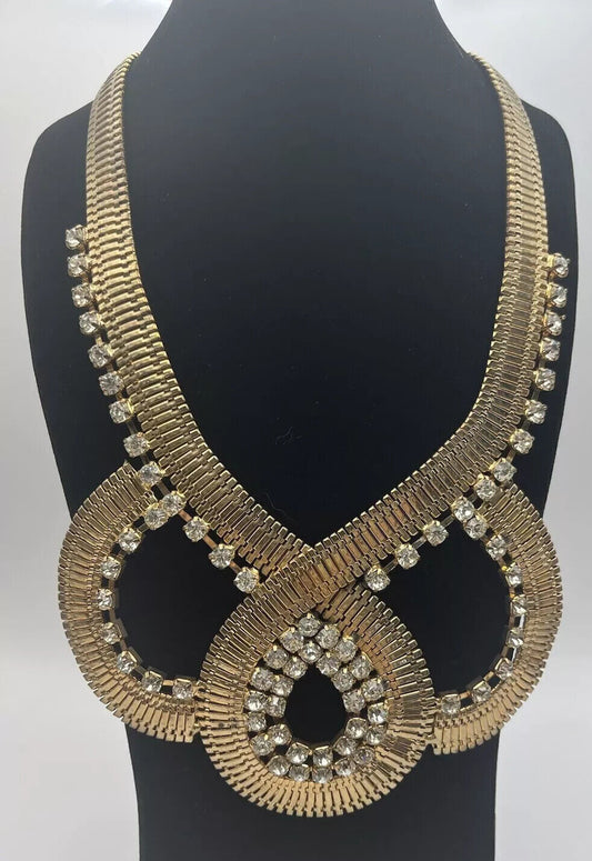 Women's Fashion Statement Long Chunky Gold Toned With Clear Rhinestone Accents