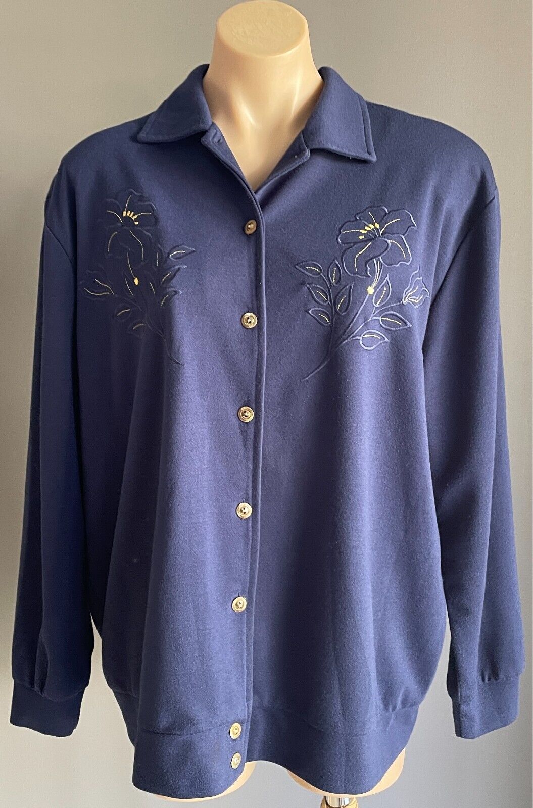 COMPLIMENTS Jacket Navy Lightweight Buttons Size 18 Embroidered Flowers Vintage