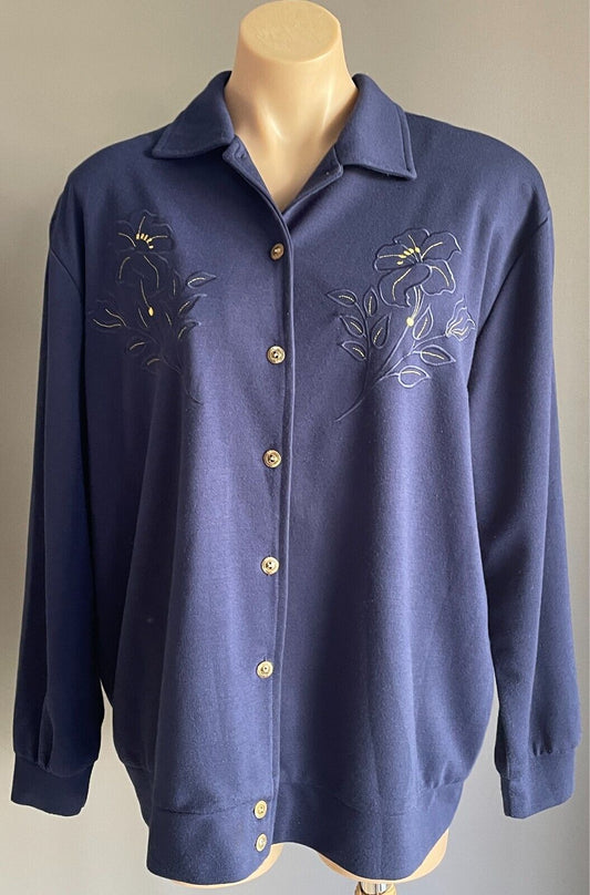 COMPLIMENTS Jacket Navy Lightweight Buttons Size 18 Embroidered Flowers Vintage
