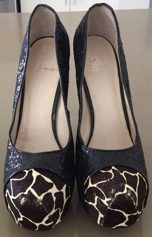 WITTNER "Suffix" Shoes Black Glitter & Giraffe Hair on Hide Pumps Ladies Size 41