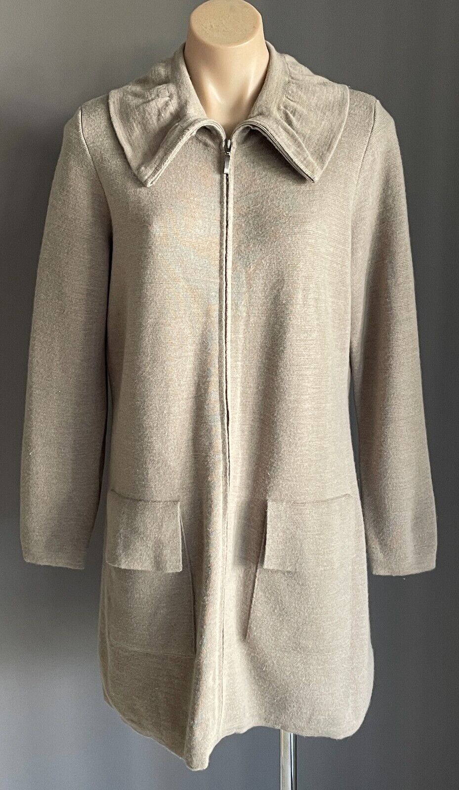 BLUE ILLUSION Coatigan Light Taupe Size XL Long Sleeve Ruffle Collar Zip Front