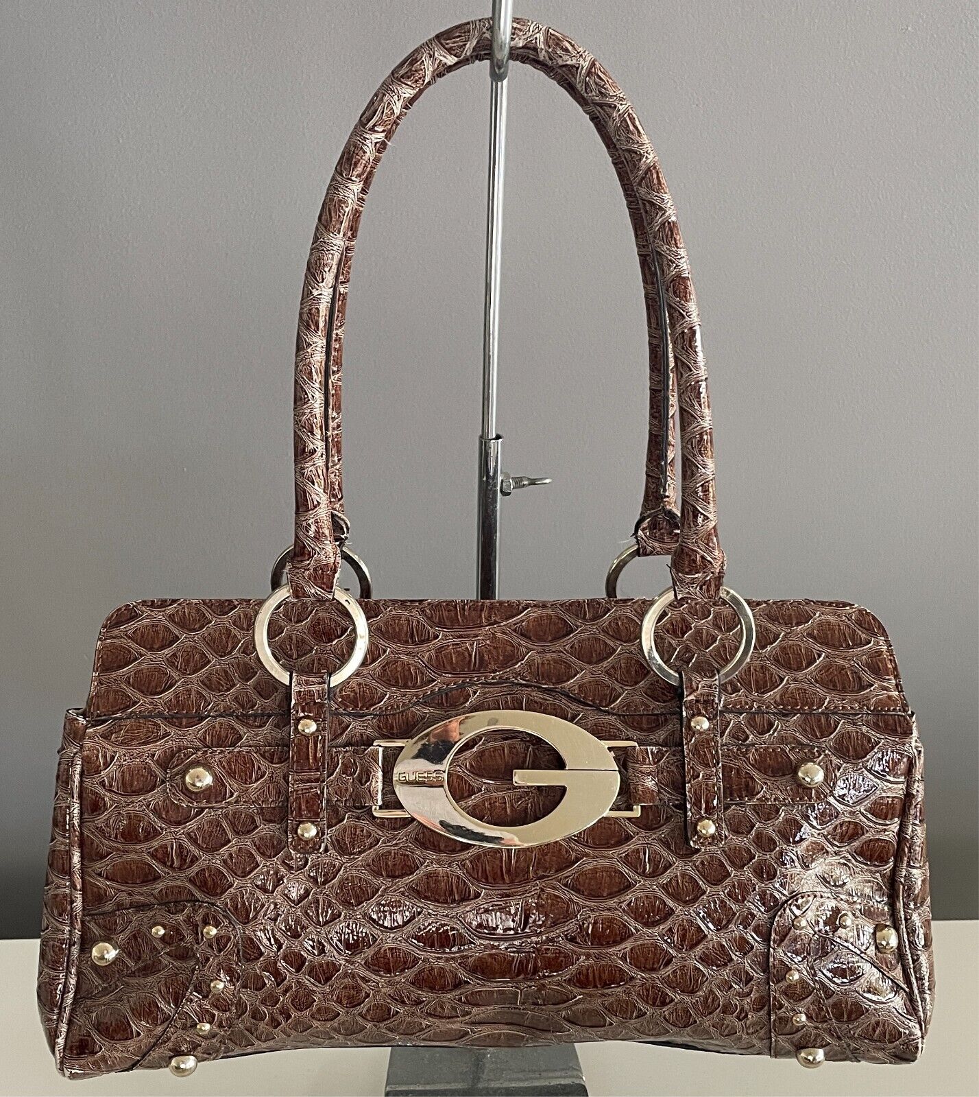 GUESS  Shoulder BagBrown Patent Croc Print Silver Hardware 3 Compartments