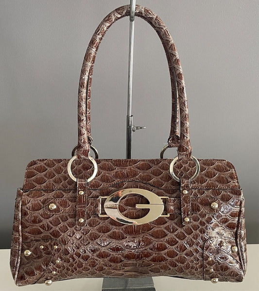 GUESS  Shoulder BagBrown Patent Croc Print Silver Hardware 3 Compartments