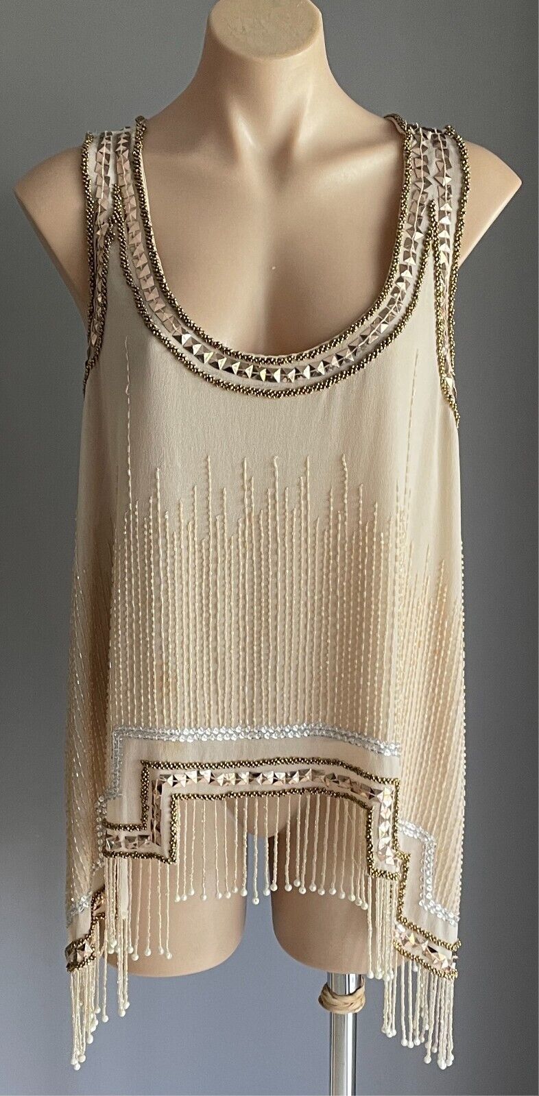 TEMT Top Beige Beaded Pearl Stud Size 14 Hanging Beads Notched Hem Flapper 20s
