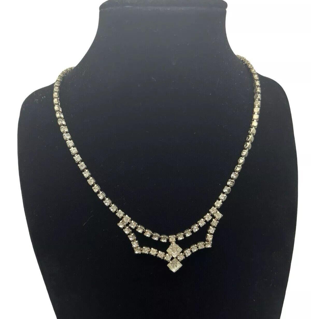 Vintage Necklace Art Deco Style Clear Rhinestone Crystal Drop Choker Statement