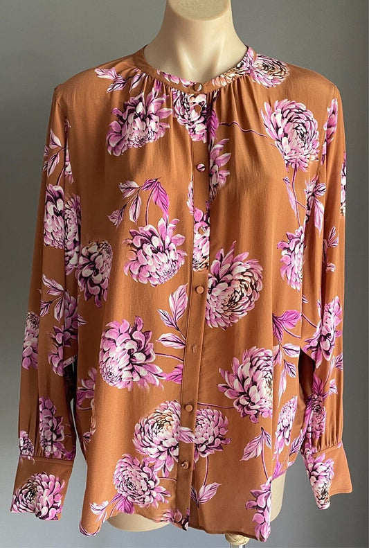 WITCHERY Silk Blouse Long Dolman Sleeve Size 12 Brown Pink Floral Print Top