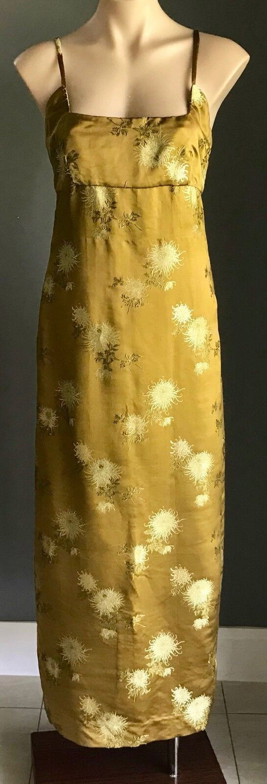 HANDMADE Citrine Khaki Gold Floral Embroidered High Waist Long Dress Size 10