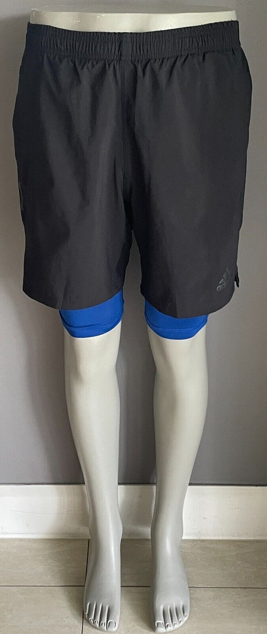 ADIDAS Shorts Black Elastic Drawstring Waist Built in Blue Tights Mens Size L