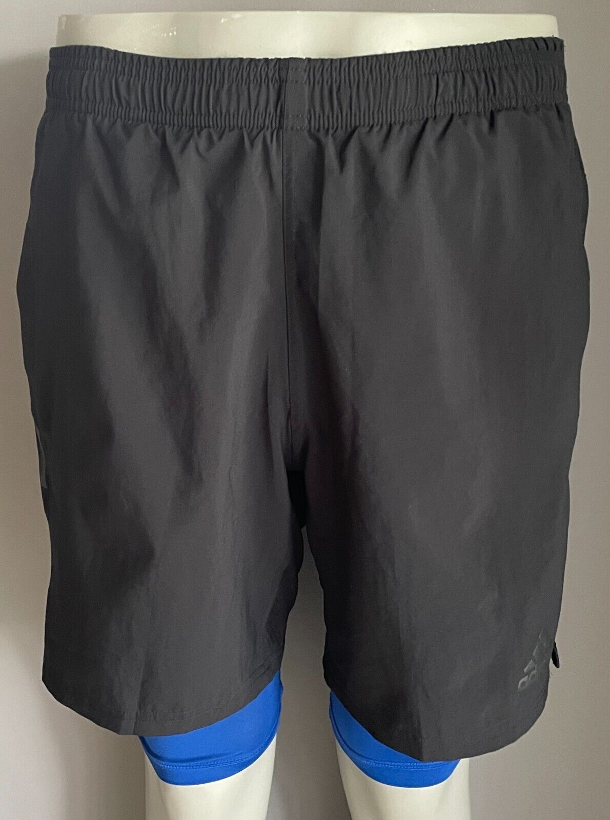 ADIDAS Shorts Black Elastic Drawstring Waist Built in Blue Tights Mens Size L