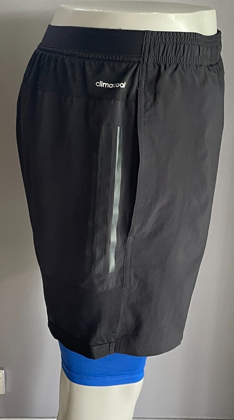 ADIDAS Shorts Black Elastic Drawstring Waist Built in Blue Tights Mens Size L
