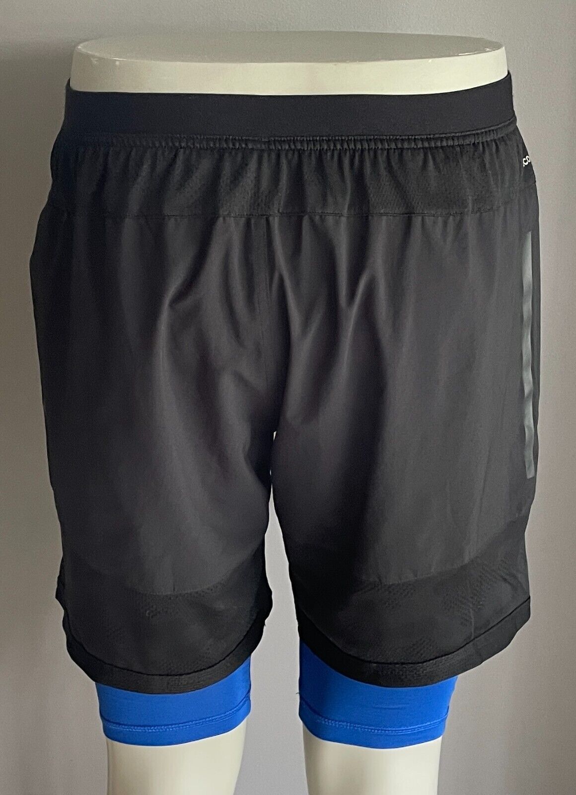 ADIDAS Shorts Black Elastic Drawstring Waist Built in Blue Tights Mens Size L