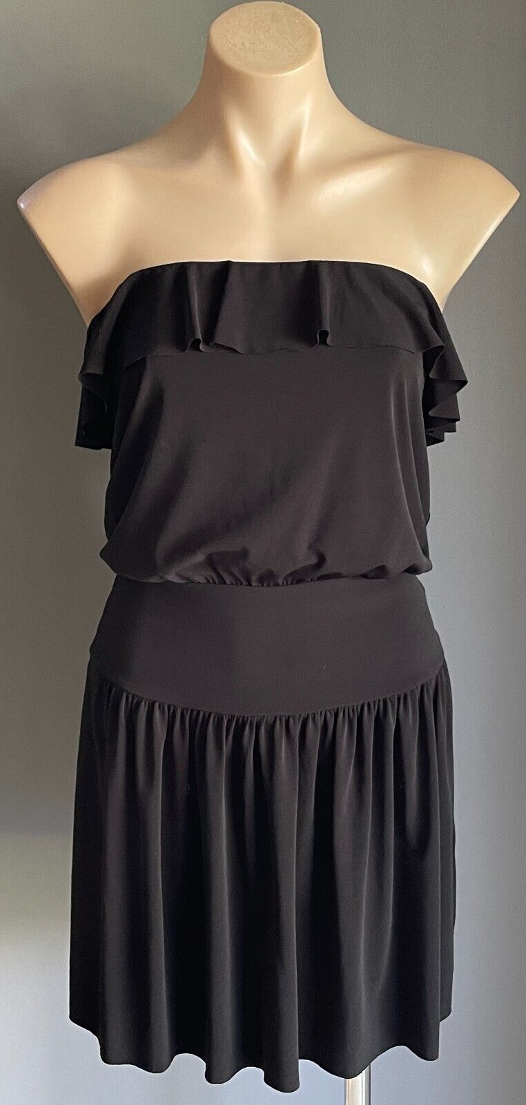 SUPRE Strapless Dress Black Ruffle Neck Stretch Jersey MINI Size M 10 12 NEW