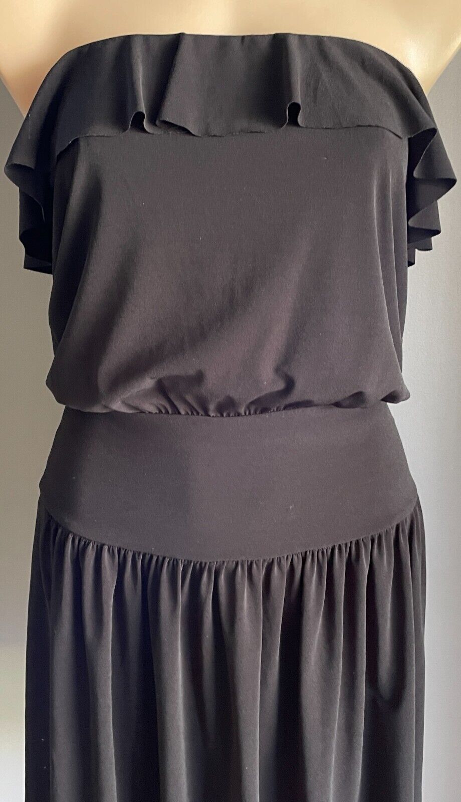 SUPRE Strapless Dress Black Ruffle Neck Stretch Jersey MINI Size M 10 12 NEW