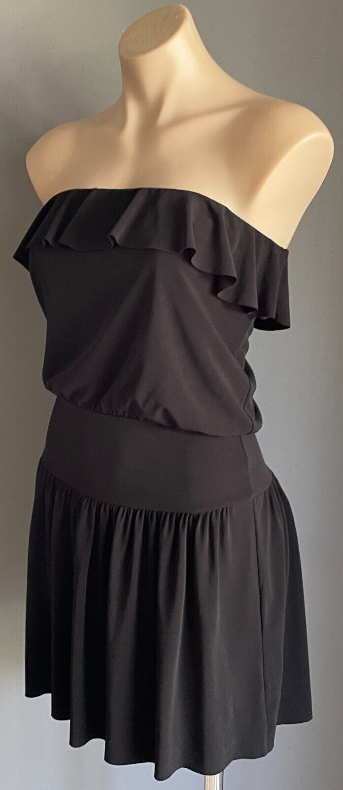 SUPRE Strapless Dress Black Ruffle Neck Stretch Jersey MINI Size M 10 12 NEW