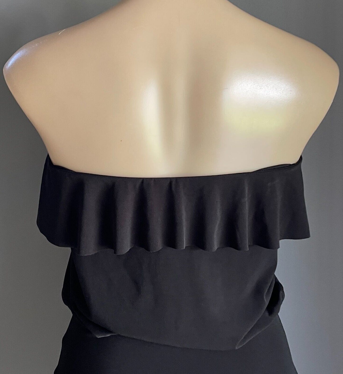 SUPRE Strapless Dress Black Ruffle Neck Stretch Jersey MINI Size M 10 12 NEW