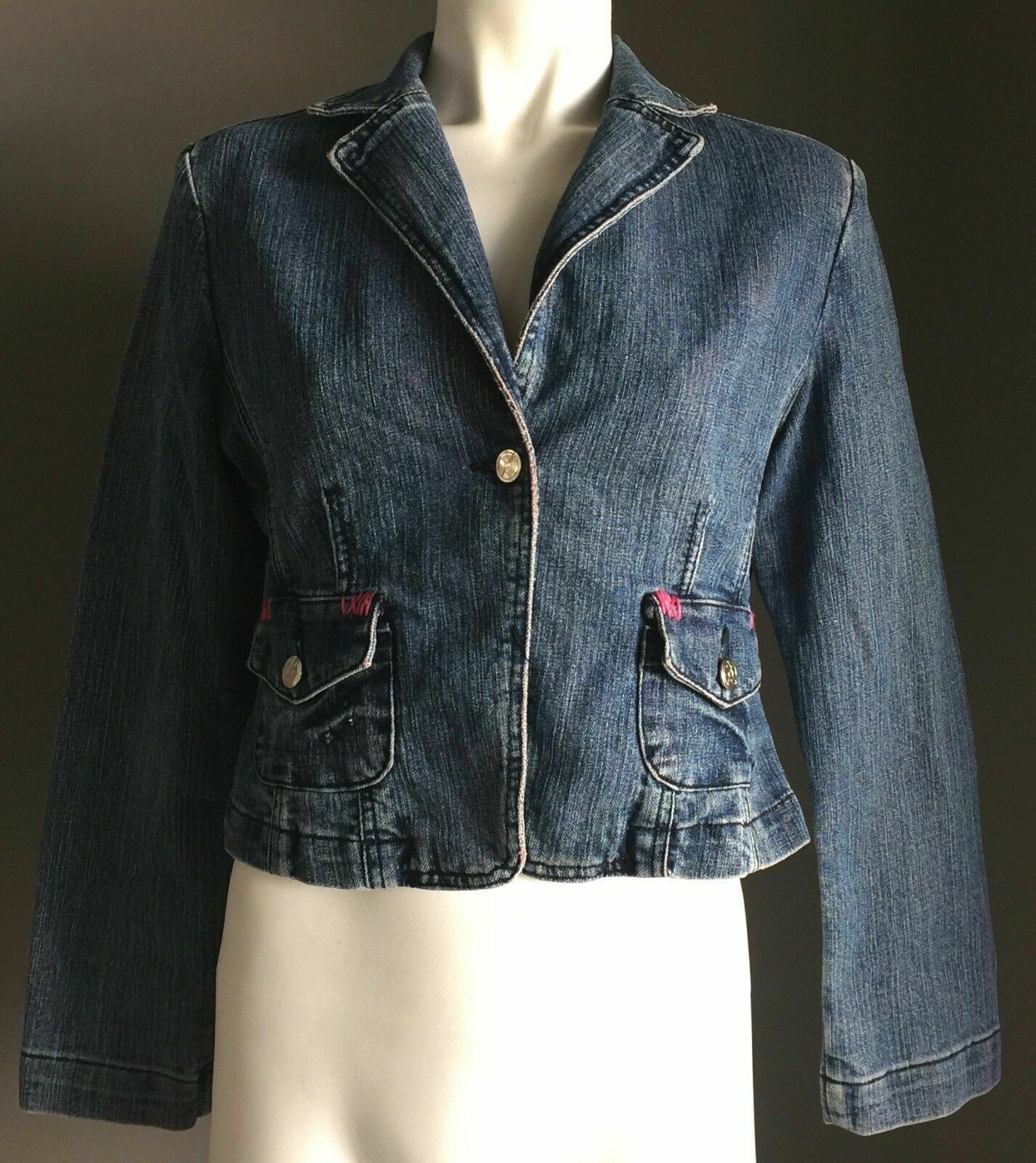 DR C'S Jacket Crop Blue Denim Fitted Jeans Blazer Ladies Size 32 AU 6 8 Retro
