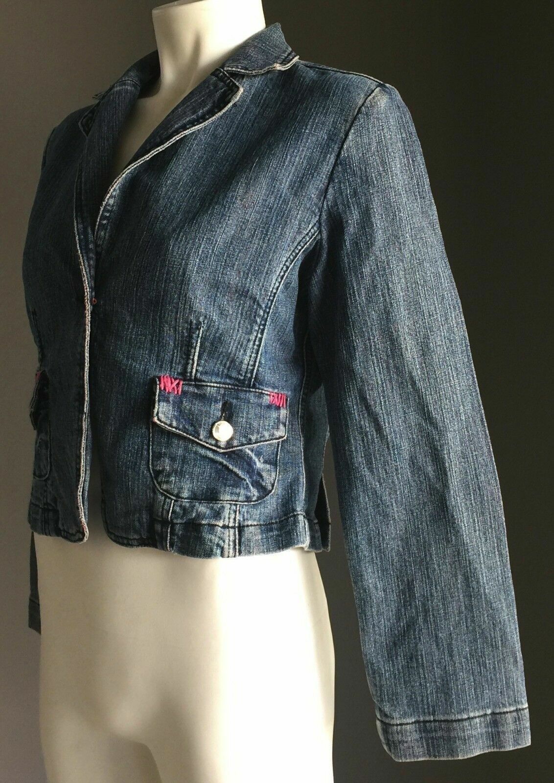 DR C'S Jacket Crop Blue Denim Fitted Jeans Blazer Ladies Size 32 AU 6 8 Retro