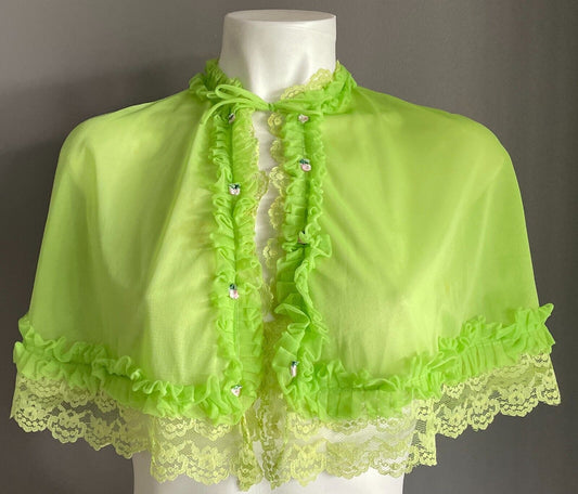 Vintage Bri Nylon Bed Jacket Cape Green Ruffle Lace Floral Trim Neck Tie Sz 10
