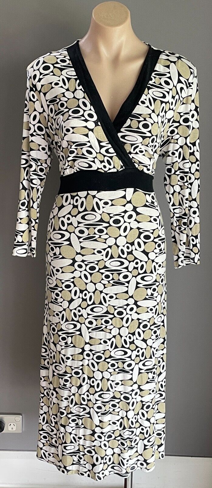 QUEENSPARK Dress Tie Back Midi 3/4 Sleeve Khaki White Black Spot Print Size M 12
