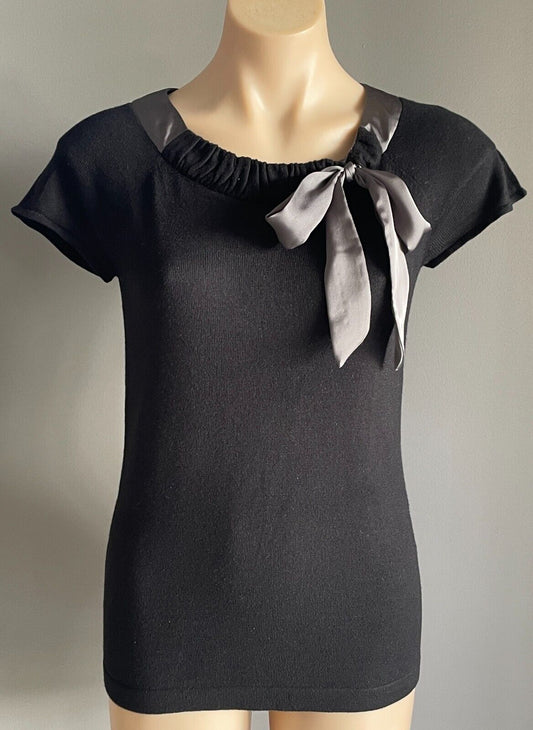 OSTIN Black Knit Top Extended Sleeves Size S 10 Grey Satin Trim Next Tie O*STIN