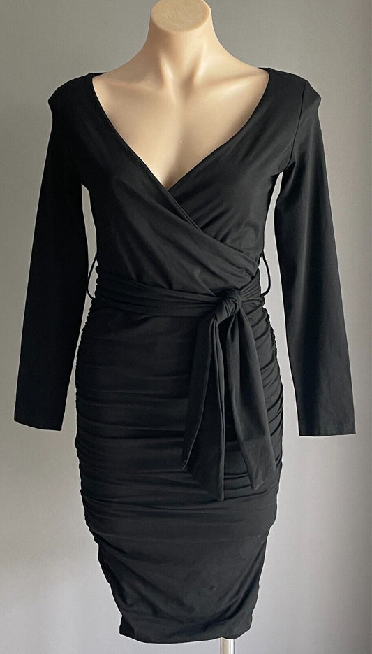 WHITE SANDSTORM Black Dress Faux Wrap Ruched Size S 10 Waist Tie Long Sleeve