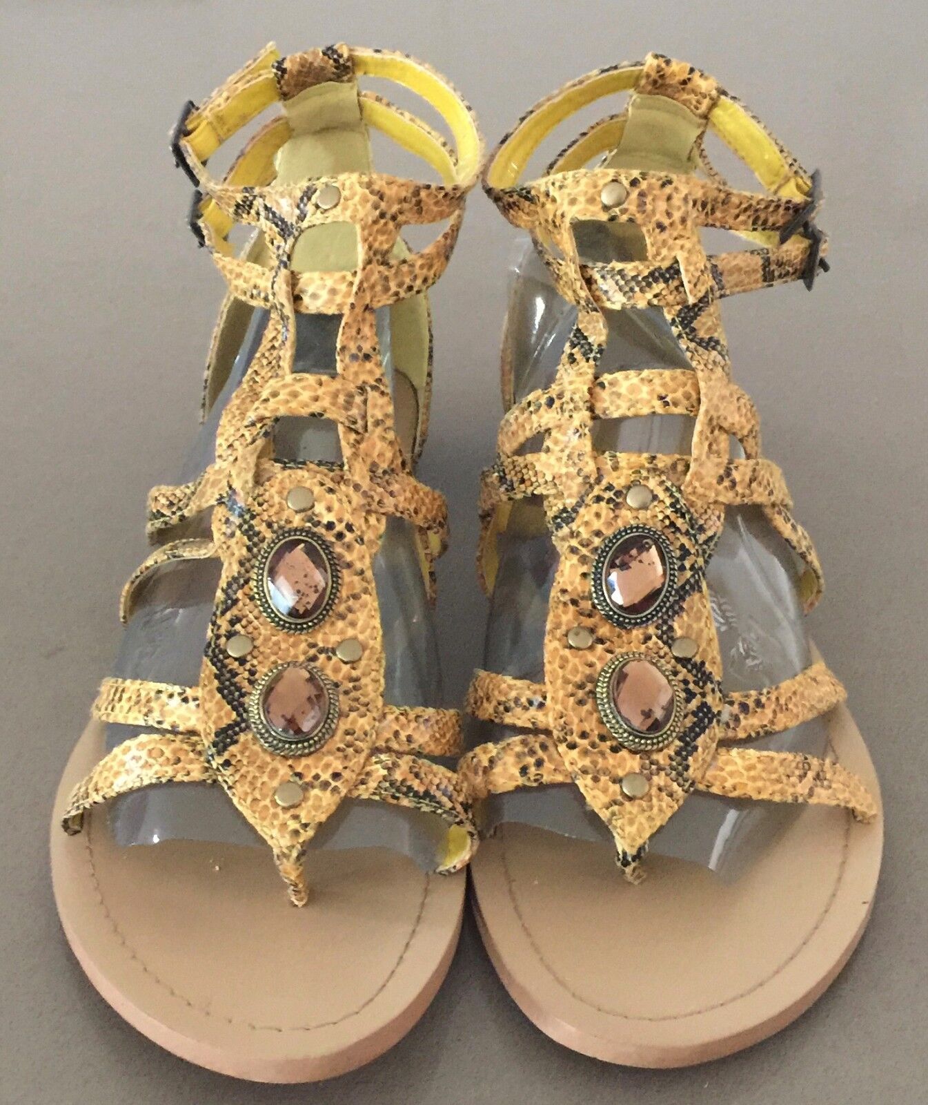 PREVATA Gladiator Sandals Embellished Yellow Black Snake Print Shoes Sz 11 NEW