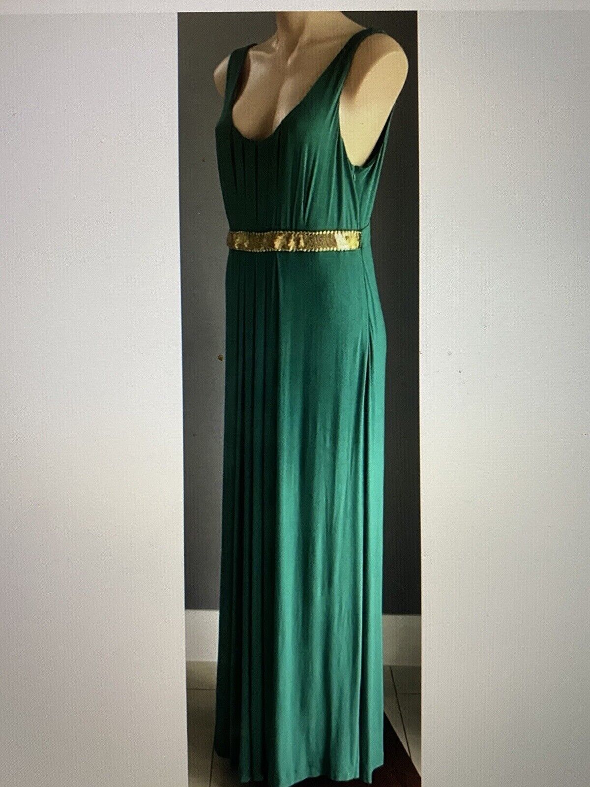 CALVIN KLEIN Maxi Dress Jade Green Sleeveless w Embellished Waist Size M 12 14