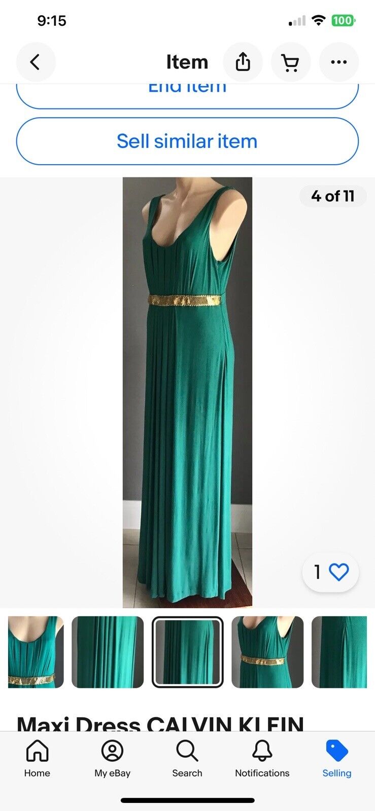 CALVIN KLEIN Maxi Dress Jade Green Sleeveless w Embellished Waist Size M 12 14