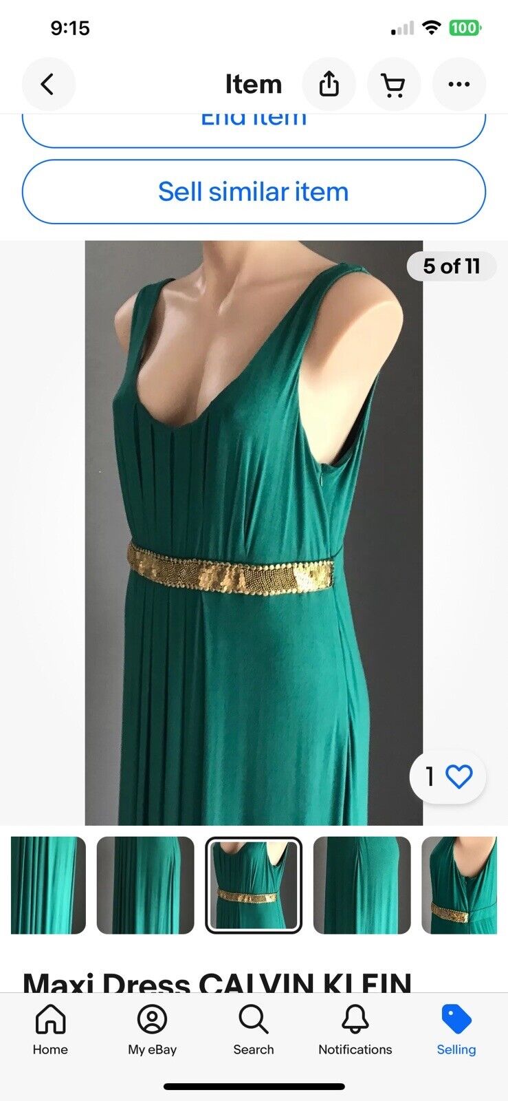 CALVIN KLEIN Maxi Dress Jade Green Sleeveless w Embellished Waist Size M 12 14